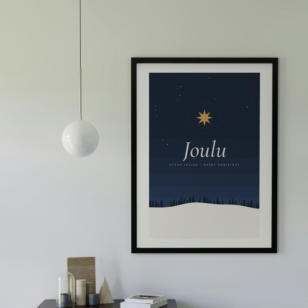 Joulu print framed in a room